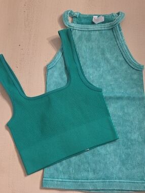 Zenana Outfitters Teal Ribbed Tank & Teal Crop Top Set S/M 07-10